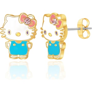 image:imageSanrio Hello Kitty Earrings for Women Official License Yellow Gold FlashPlated and Enamel Hello Kitty Stud Earrings