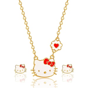 image:imageHello Kitty Sanrio Jewelry Set  Flash Plated 183 Necklace and Stud Earrings Officially LicensedRed