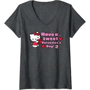 image:imageWomens Hello Kitty Have A Sweet Valentines Day VNeck TShirtDark Heather Grey