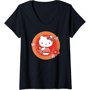 image:imageWomens Hello Kitty Lunar New Year Flowers VNeck TShirtBlack