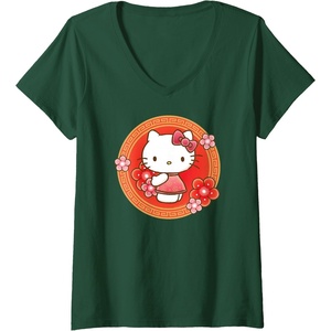 image:imageWomens Hello Kitty Lunar New Year Flowers VNeck TShirtDark Green