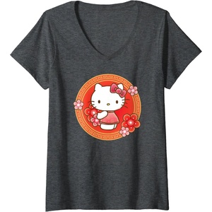 image:imageWomens Hello Kitty Lunar New Year Flowers VNeck TShirtDark Heather Grey