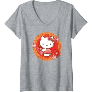 image:imageWomens Hello Kitty Lunar New Year Flowers VNeck TShirtHeather Grey