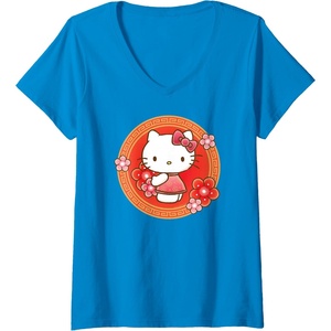 image:imageWomens Hello Kitty Lunar New Year Flowers VNeck TShirtSapphire Blue