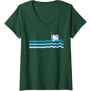 image:imageHello Kitty Swim Snorkle Summer Stripe VNeck TShirtDark Green