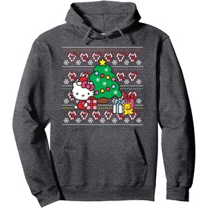 image:imageHello Kitty Candy Cane Christmas Sweater Hoodie Pullover HoodieDark Heather Grey