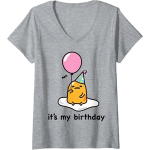 image:imageWomens Gudetama the Lazy Egg Its My Birthday VNeck TShirtHeather Grey