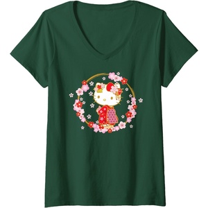 image:imageWomens Hello Kitty Sakura Spring VNeck TShirtDark Green