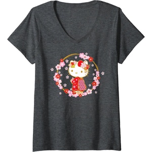 image:imageWomens Hello Kitty Sakura Spring VNeck TShirtDark Heather Grey