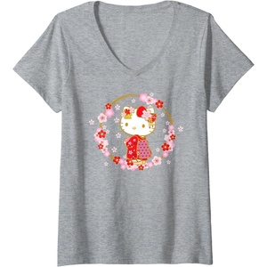 image:imageWomens Hello Kitty Sakura Spring VNeck TShirtHeather Grey