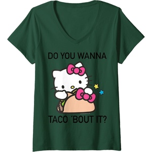 image:imageWomens Hello Kitty Taco Bout It VNeck TShirt SmallDark Green