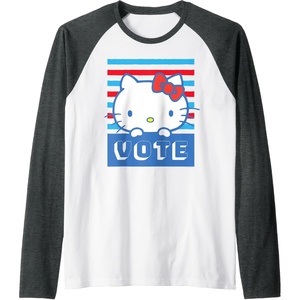 image:imageHello Kitty Vote Stripes Raglan Baseball TeeDark Heather GreyWhite