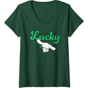 image:imageWomens Cinnamoroll Lucky Clover St Patty Day St Patricks Day VNeck TShirtDark Green