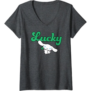 image:imageWomens Cinnamoroll Lucky Clover St Patty Day St Patricks Day VNeck TShirtDark Heather Grey