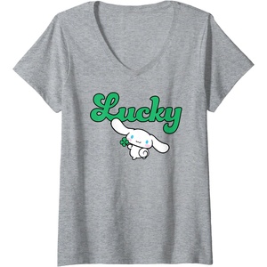 image:imageWomens Cinnamoroll Lucky Clover St Patty Day St Patricks Day VNeck TShirtHeather Grey