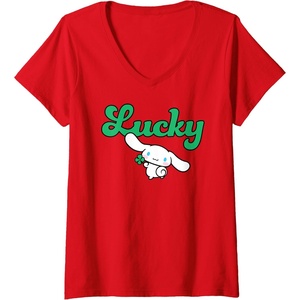 image:imageWomens Cinnamoroll Lucky Clover St Patty Day St Patricks Day VNeck TShirtRed