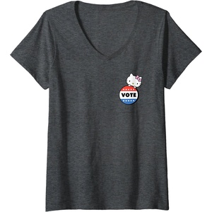 image:imageWomens Hello Kitty Vote Button VNeck TShirtDark Heather Grey