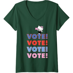 image:imageWomens Hello Kitty Vote Cheer Rally VNeck TShirtDark Green