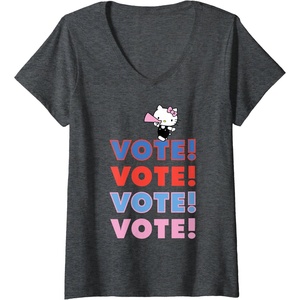 image:imageWomens Hello Kitty Vote Cheer Rally VNeck TShirtDark Heather Grey
