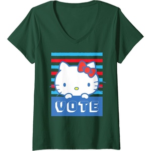 image:imageWomens Hello Kitty Vote Stripes VNeck TShirtDark Green