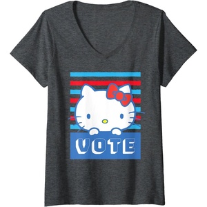 image:imageWomens Hello Kitty Vote Stripes VNeck TShirtDark Heather Grey