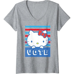 image:imageWomens Hello Kitty Vote Stripes VNeck TShirtHeather Grey