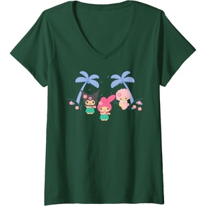 image:imageWomens My Melody and Kuromi Tropical Hula VNeck TShirtDark Green