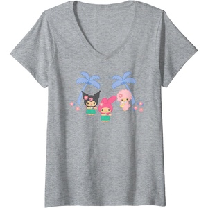 image:imageWomens My Melody and Kuromi Tropical Hula VNeck TShirtHeather Grey