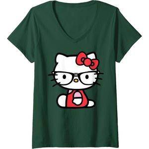 image:imageWomens Hello Kitty Nerd Glasses VNeck TShirt SmallDark Green