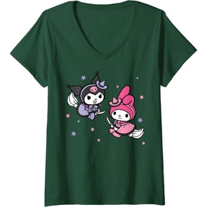 image:imageWomens My Melody Kuromi Little Witches Halloween VNeck TShirtDark Green