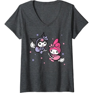 image:imageWomens My Melody Kuromi Little Witches Halloween VNeck TShirtDark Heather Grey