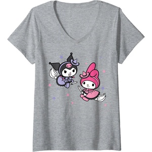 image:imageWomens My Melody Kuromi Little Witches Halloween VNeck TShirtHeather Grey